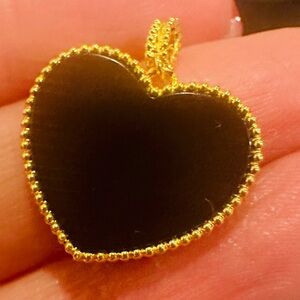 New XL 18K Solid Real Gold onyx heart pendant & necklace chain is gold filled
